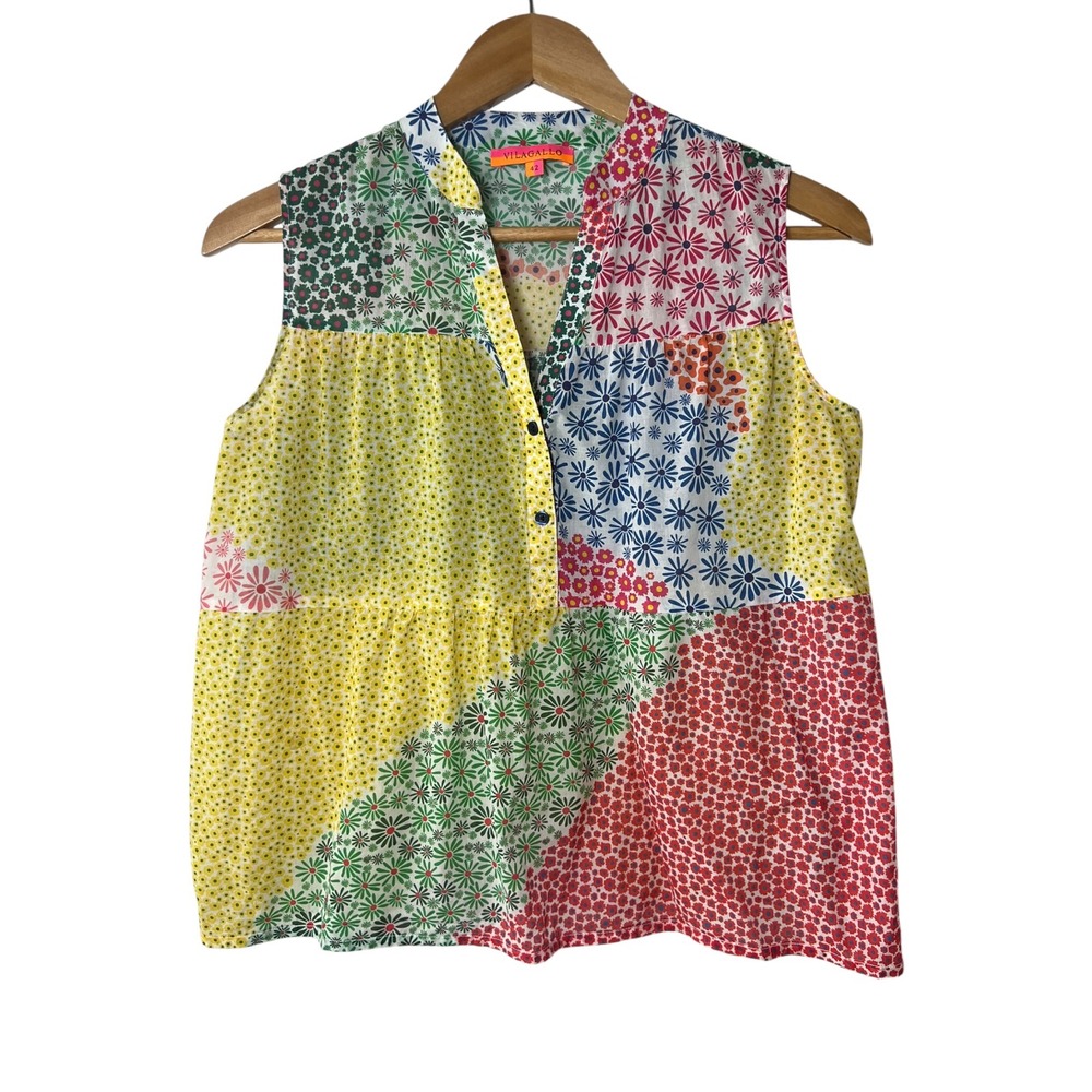 Vilagallo Patchwork Floral Sleeveless Cotton Blouse Top Multi Color Size 42